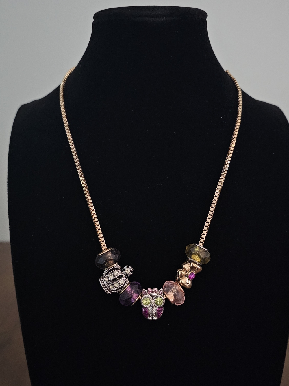 Betsey Johnson Beaded Owl Charm Necklace Gold Tone and Multicolor